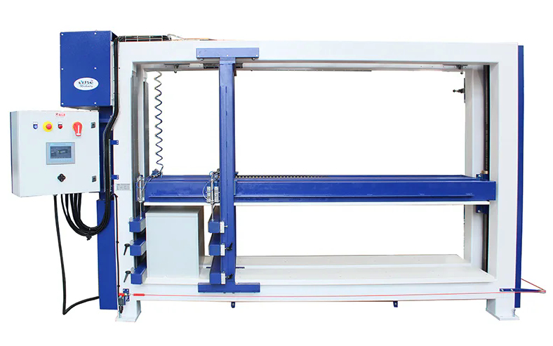 OMC CPB cabinet press with motorized clamping beams and touchscreen control